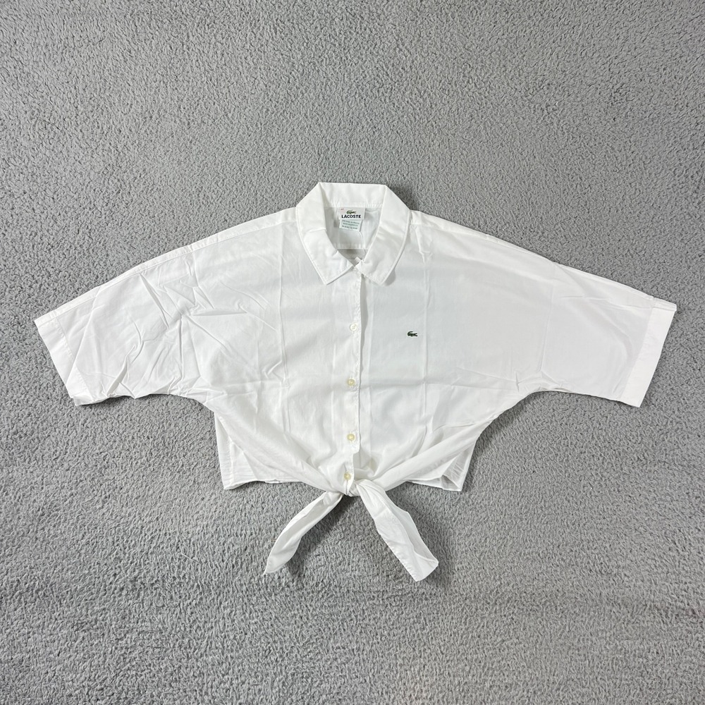 Lacoste Button Down Shirt Women US Size L (EU/10) White Cropped Tie Front NWT